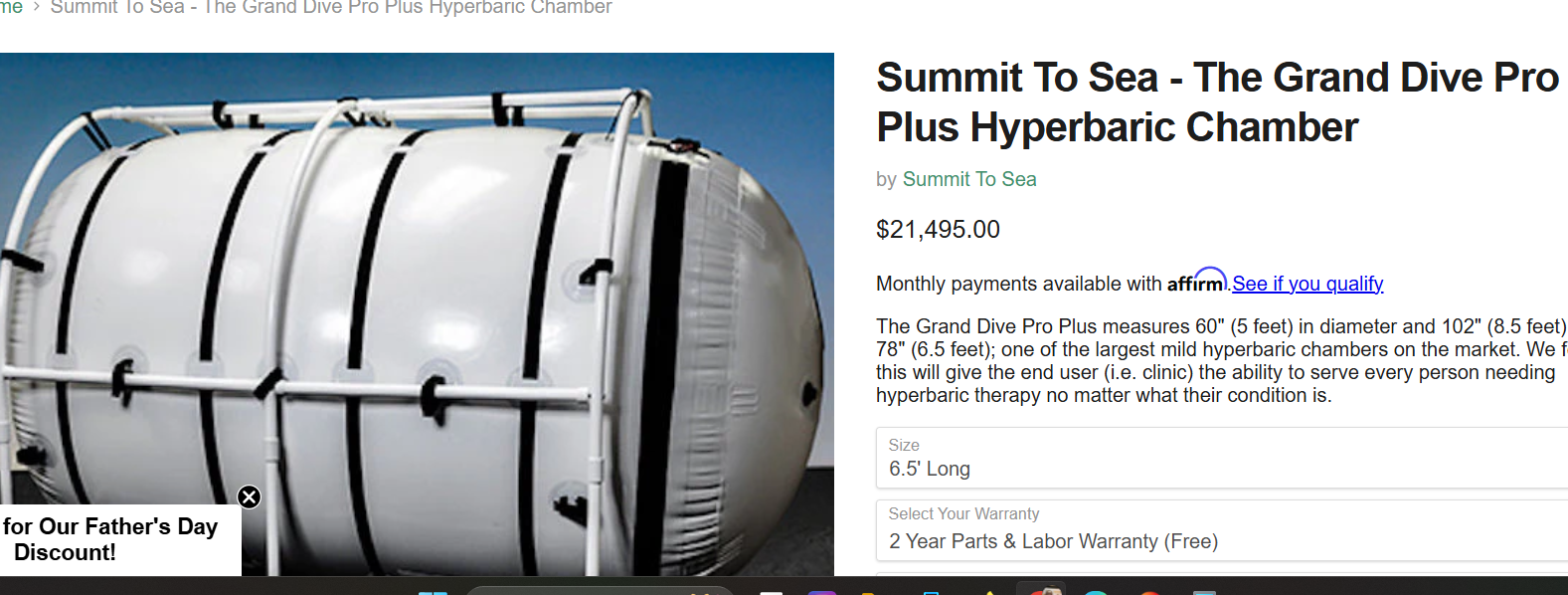 Summit to Sea Grand Dive Pro Plus 6.5' Hyperbaric Chamber